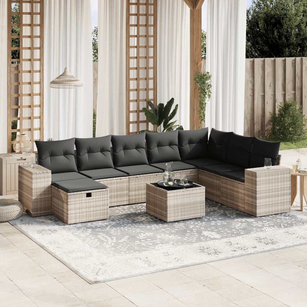 Set Divano da Giardino 9pz con Cuscini Grigio Chiaro Polyrattan - homemem39