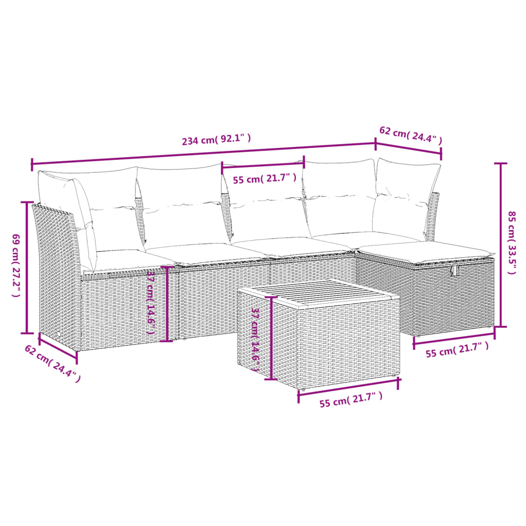 6-teiliges Gartensofa-Set mit schwarzen Polyrattan-Kissen