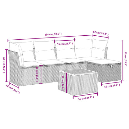 6-teiliges Gartensofa-Set mit schwarzen Polyrattan-Kissen