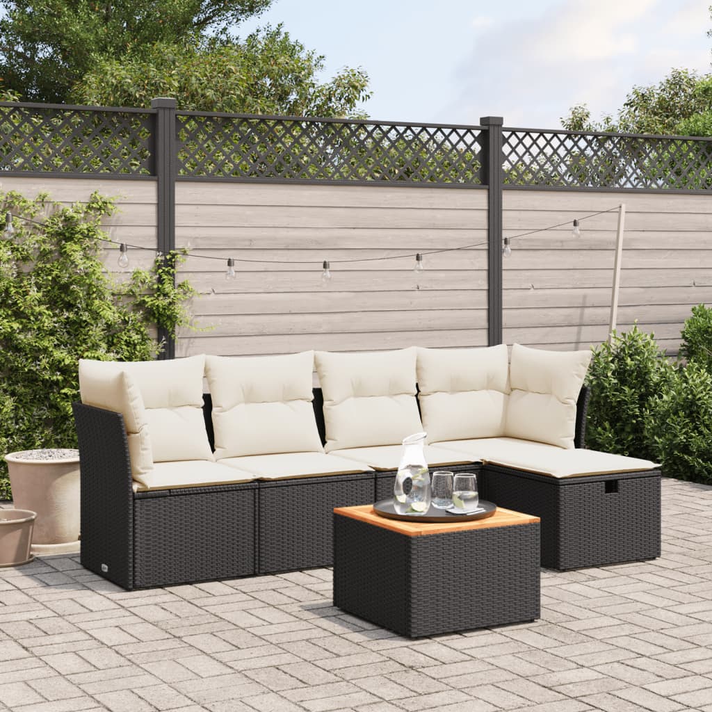 6-teiliges Gartensofa-Set mit schwarzen Polyrattan-Kissen