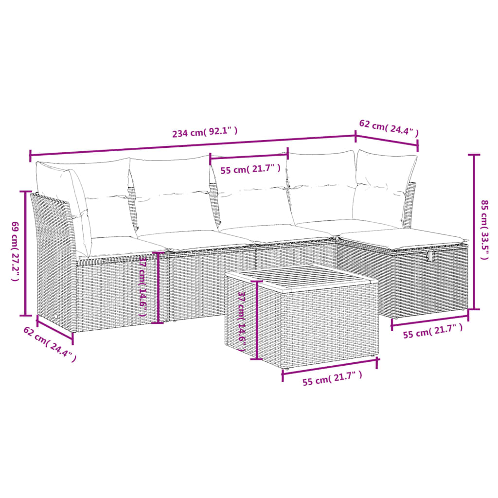 Set Divano da Giardino 6 pz con Cuscini Beige in Polyrattan