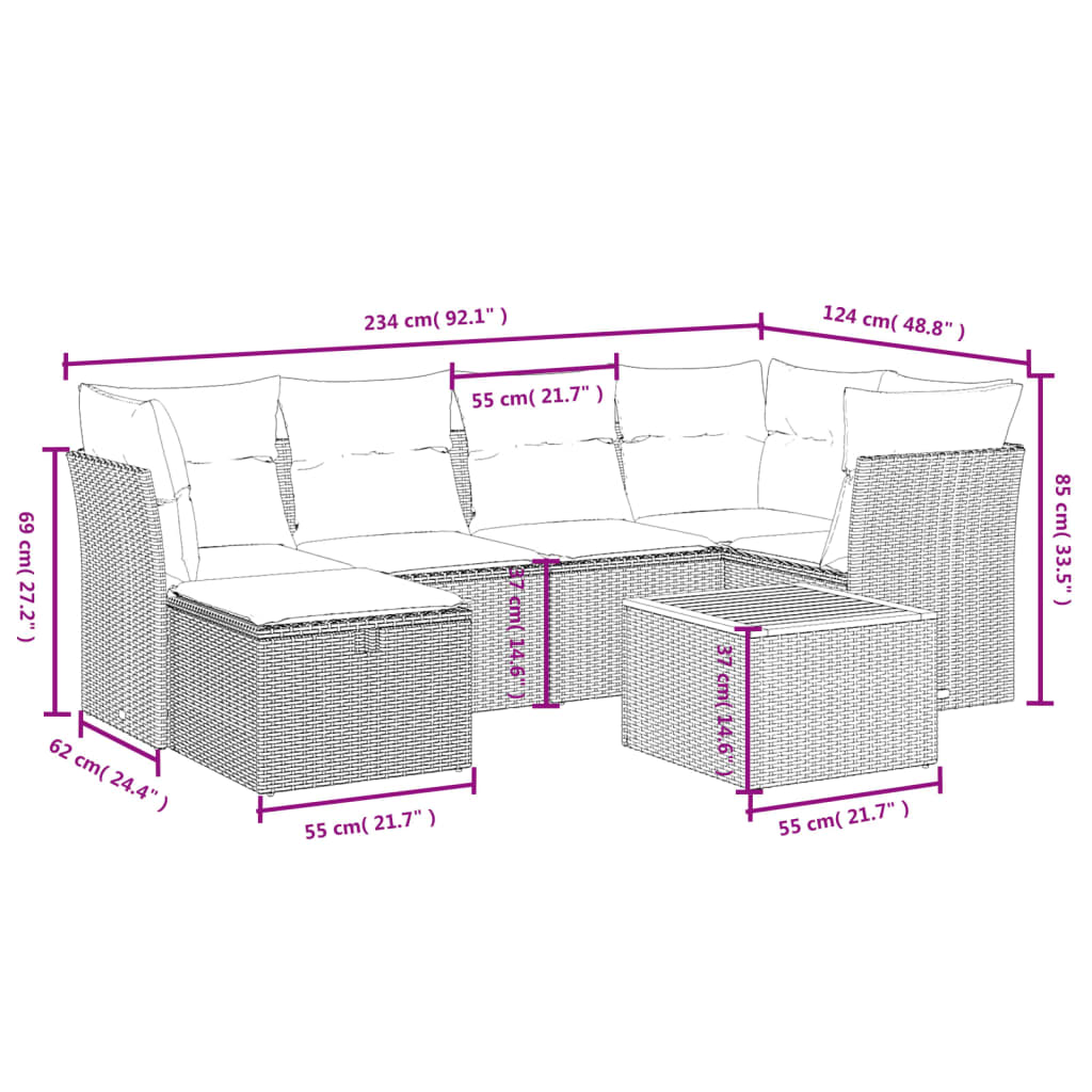 Set Divano da Giardino 7 pz con Cuscini Beige Misto Polyrattan