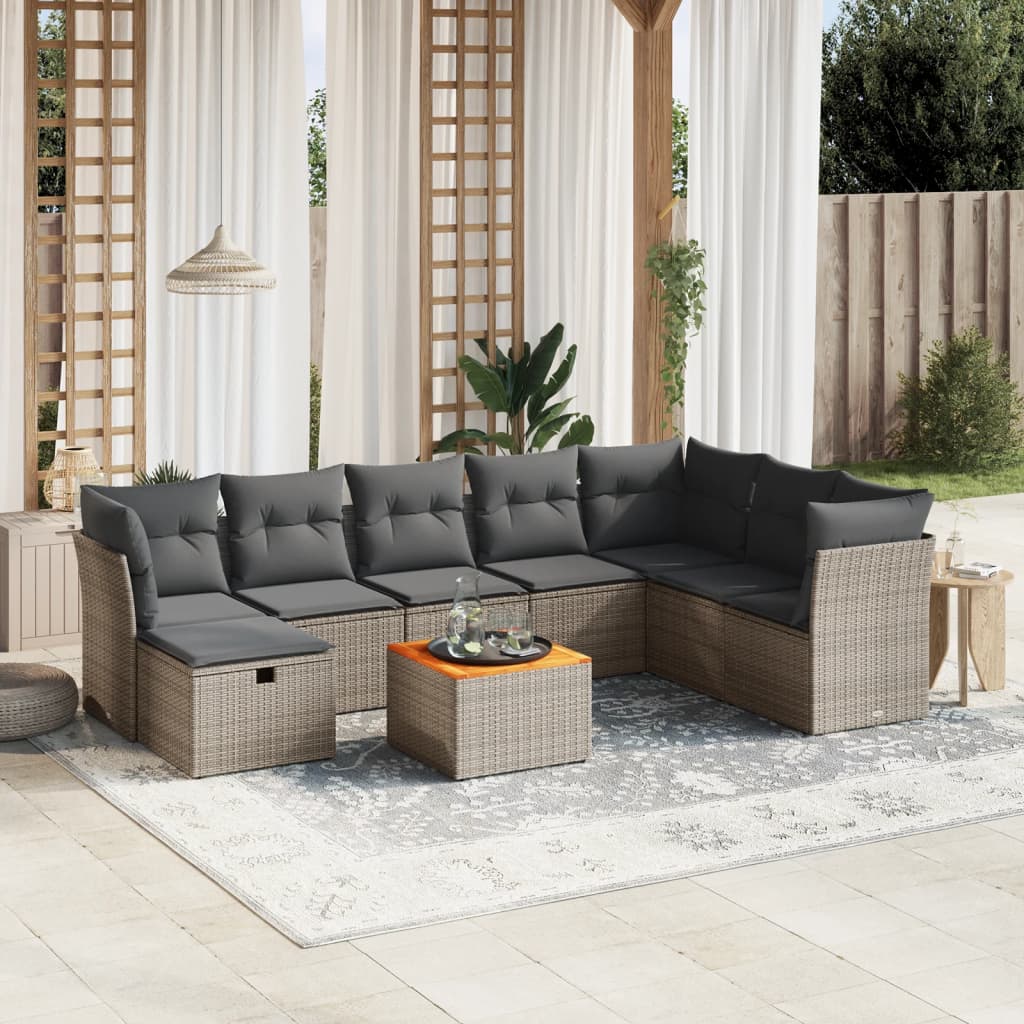 Set Divano da Giardino 9 pz con Cuscini Grigio in Polyrattan