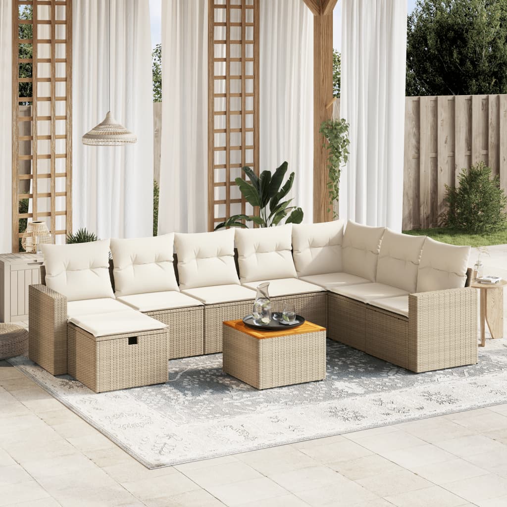 Set Divano da Giardino 9 pz con Cuscini Beige in Polyrattan - homemem39