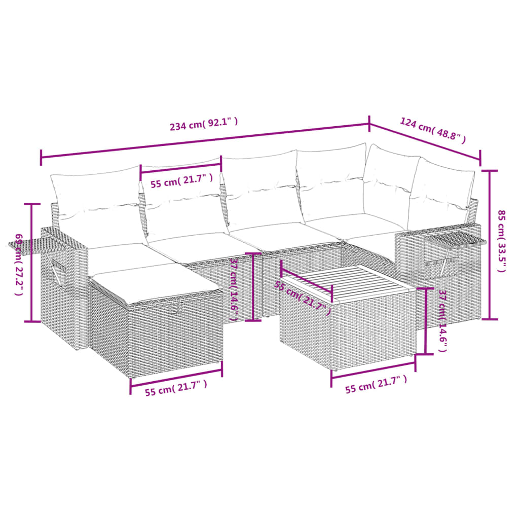 Set Divani da Giardino 7 pz con Cuscini Grigio in Polyrattan