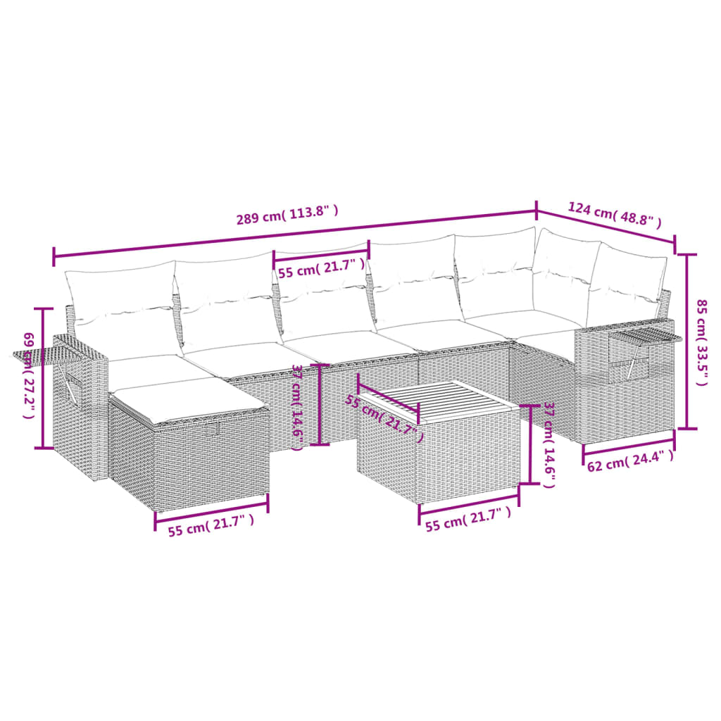 Set Divano da Giardino 8 pz con Cuscini Beige Misto Polyrattan