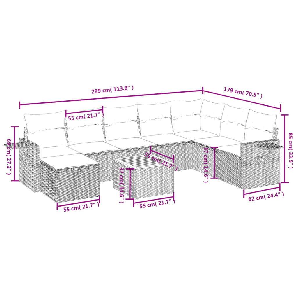 Set Divani da Giardino 9 pz con Cuscini Nero in Polyrattan