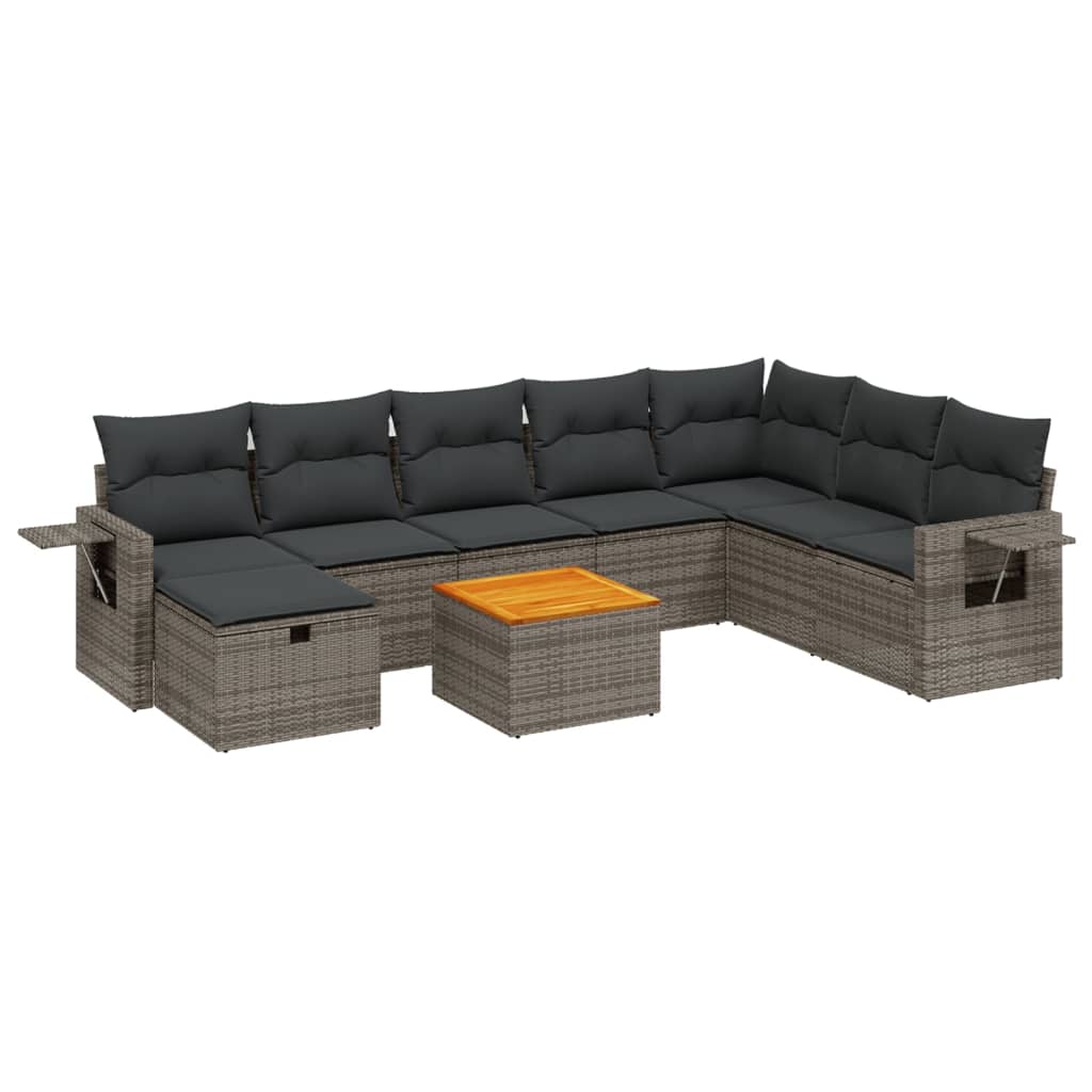 Set Divano da Giardino 9 pz con Cuscini Grigio in Polyrattan