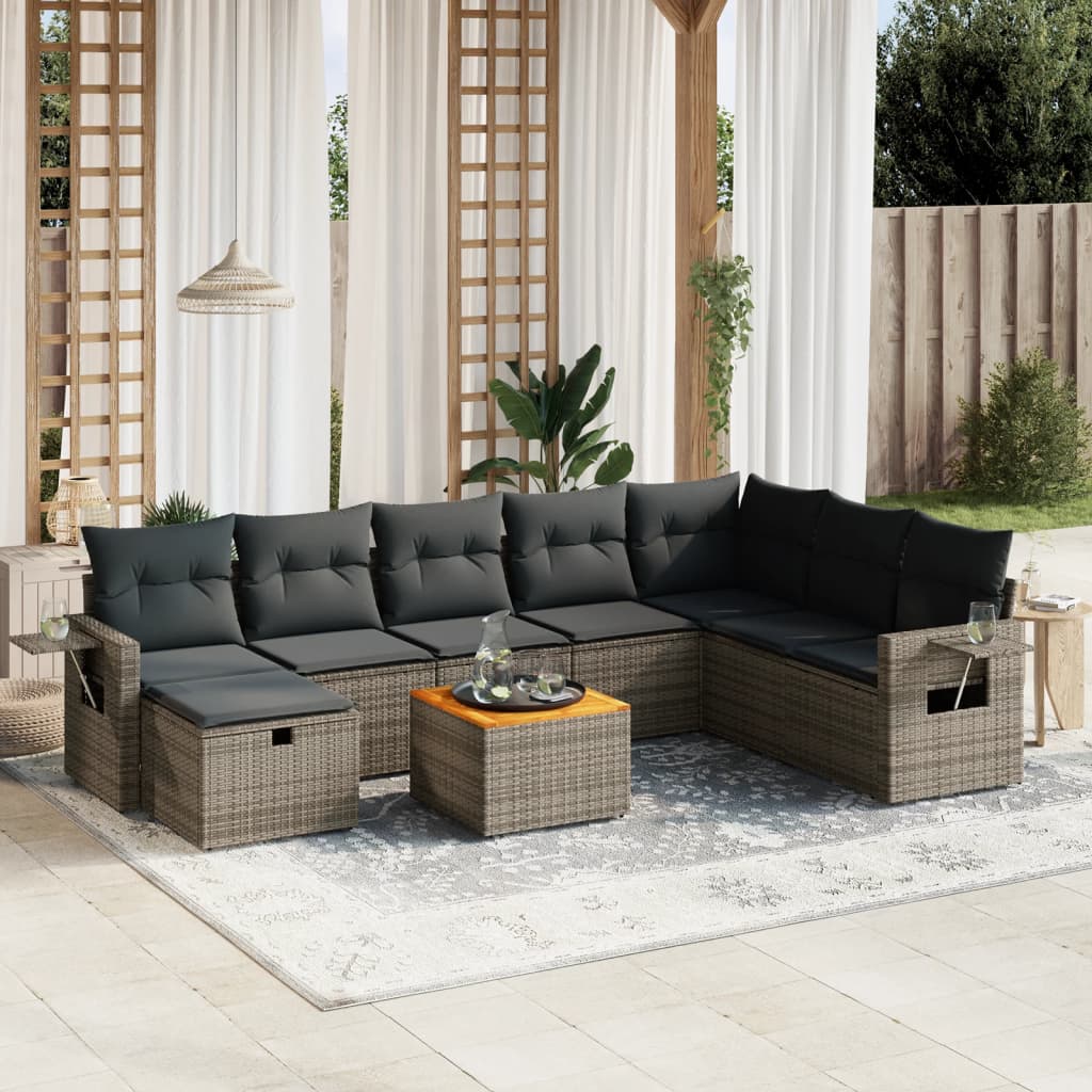 Set Divano da Giardino 9 pz con Cuscini Grigio in Polyrattan