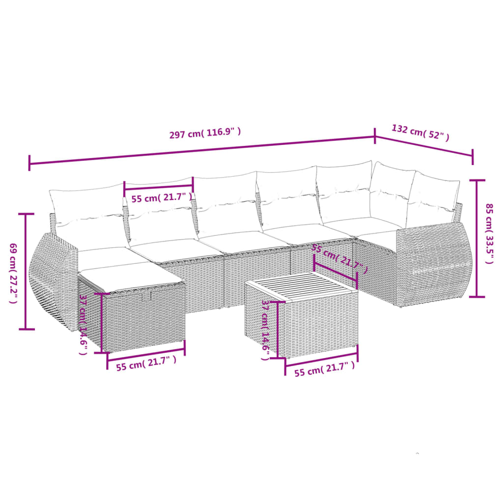 Set Divano da Giardino 8 pz con Cuscini Beige Misto Polyrattan