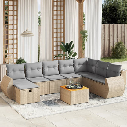 Set Divano da Giardino 9 pz con Cuscini Beige Misto Polyrattan