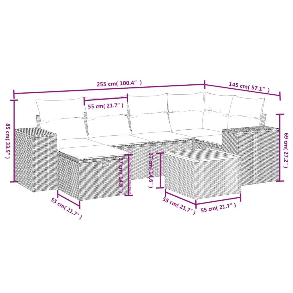 Set Divani da Giardino con Cuscini 7pz Nero Polyrattan