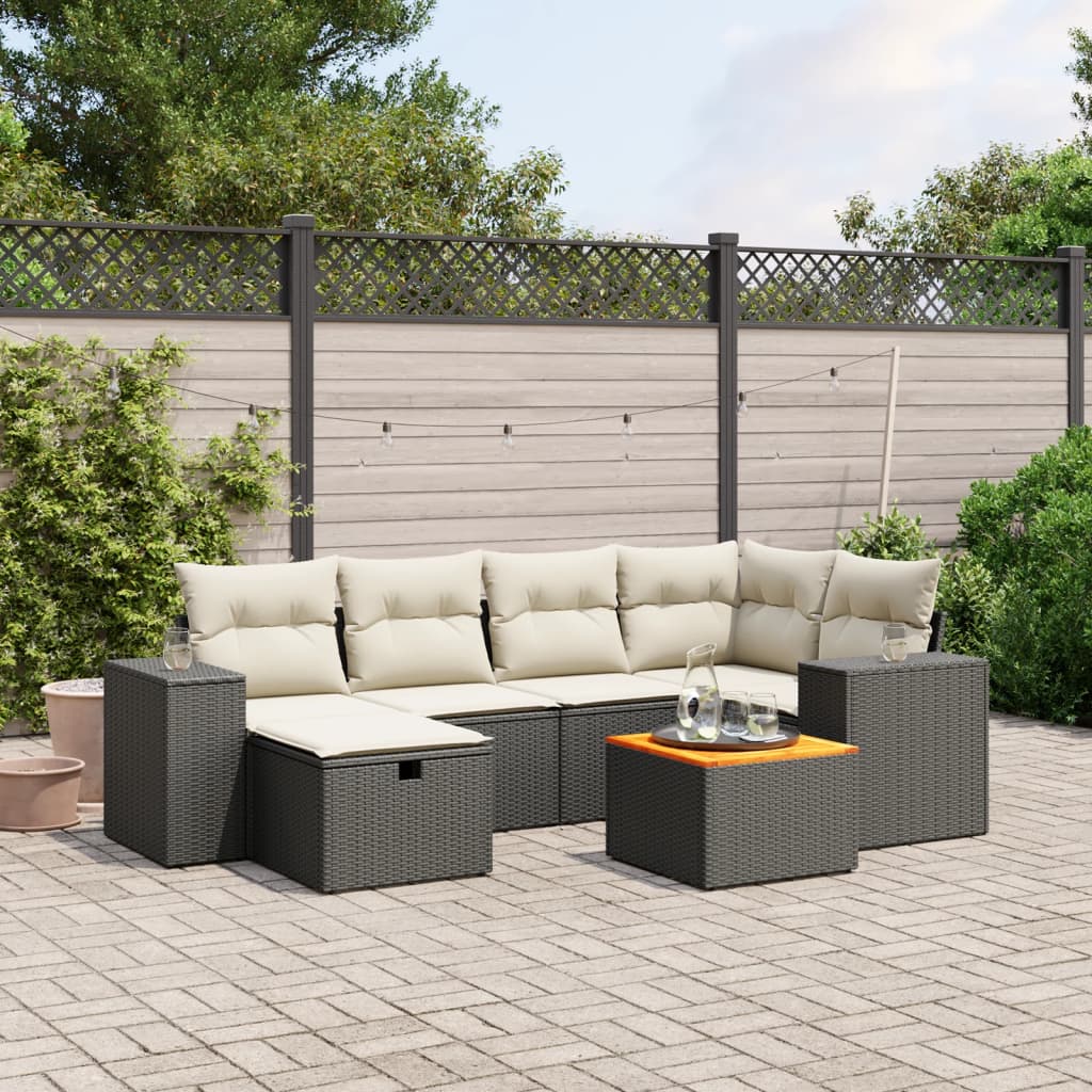 Set Divani da Giardino con Cuscini 7pz Nero Polyrattan