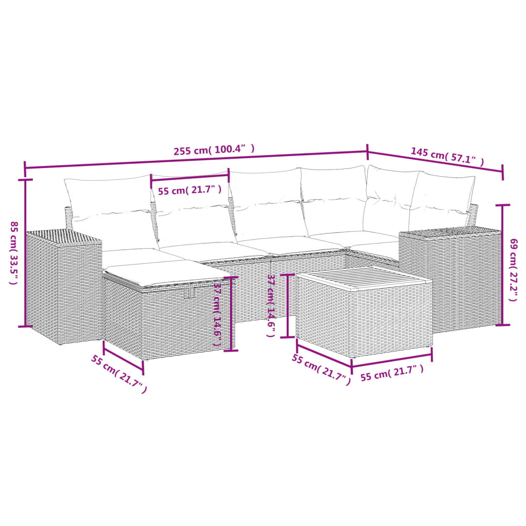 Set Divani da Giardino 7 pz con Cuscini Beige in Polyrattan