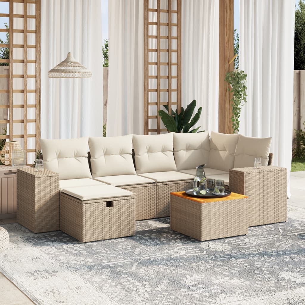 Set Divani da Giardino 7 pz con Cuscini Beige in Polyrattan