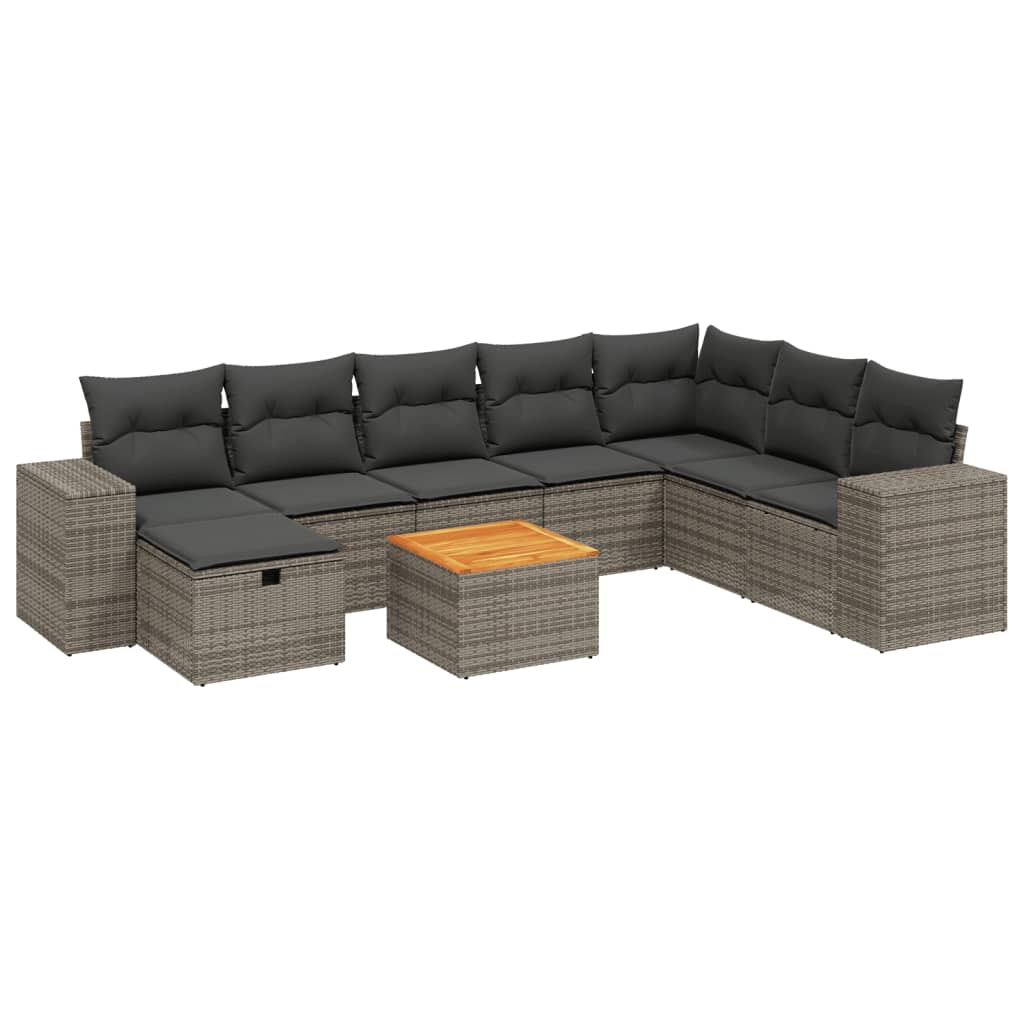 Set Divano da Giardino 9 pz con Cuscini Grigio in Polyrattan