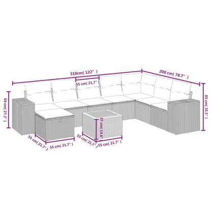 Set Divano da Giardino 9 pz con Cuscini Grigio in Polyrattan