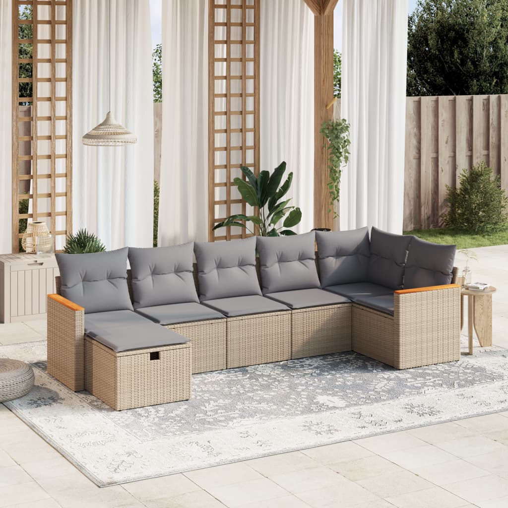 Set Divano da Giardino 7 pz con Cuscini Beige Misto Polyrattan