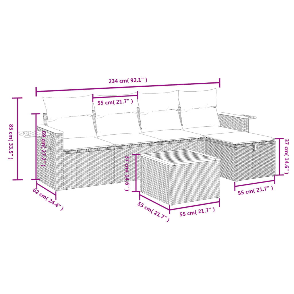 Set Divano da Giardino 6 pz con Cuscini Nero in Polyrattan