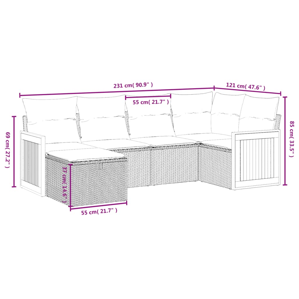 Set Divano da Giardino 6 pz con Cuscini Beige in Polyrattan