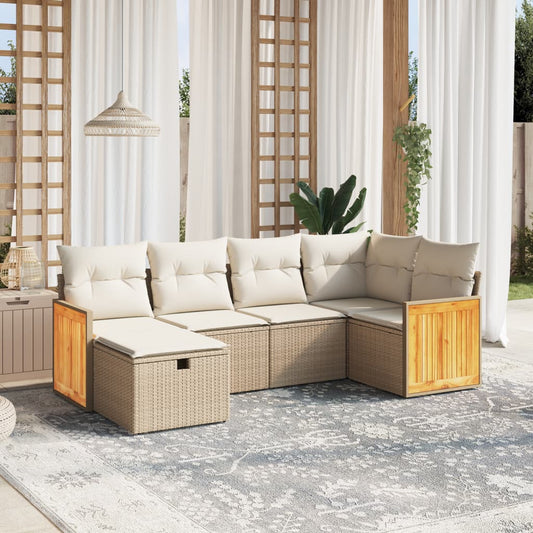 Set Divano da Giardino 6 pz con Cuscini Beige in Polyrattan