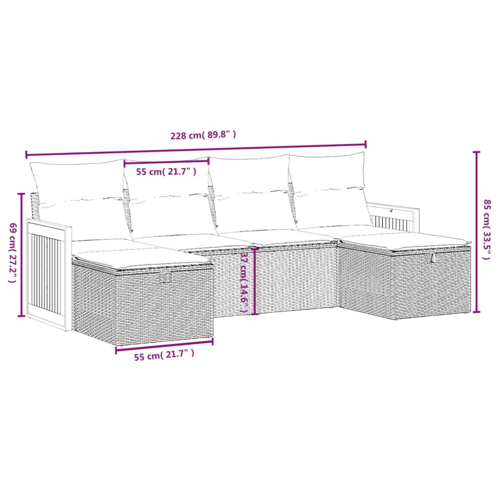 Set Divano da Giardino 6 pz con Cuscini Beige in Polyrattan