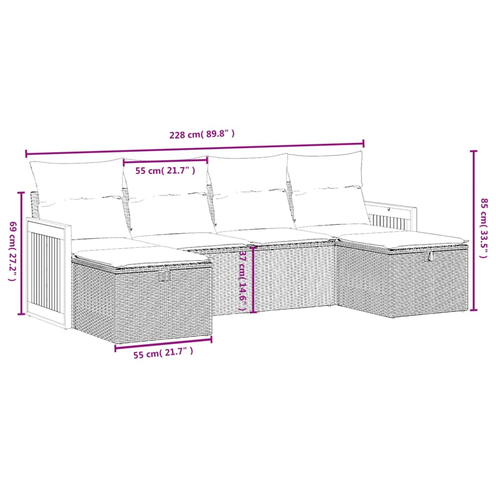 Set Divano da Giardino 6 pz con Cuscini Grigio in Polyrattan
