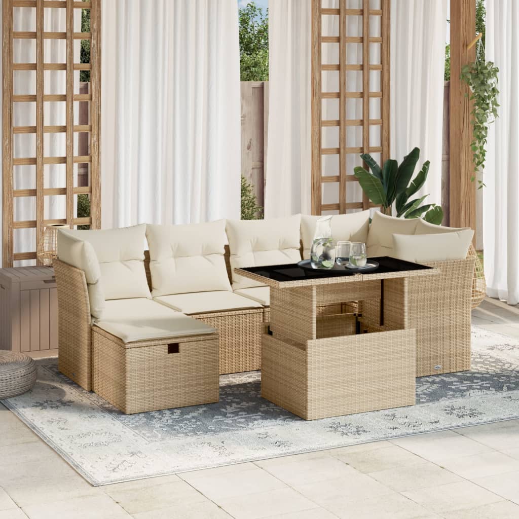 Set Divani da Giardino 7 pz con Cuscini Beige in Polyrattan - homemem39