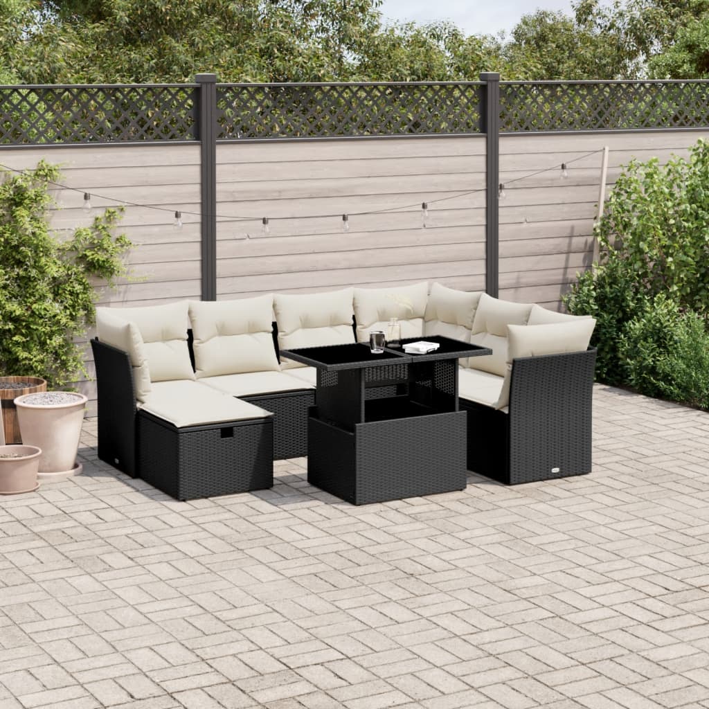 Gartensofa-Set mit Kissen 8-tlg. Schwarz aus Polyrattan