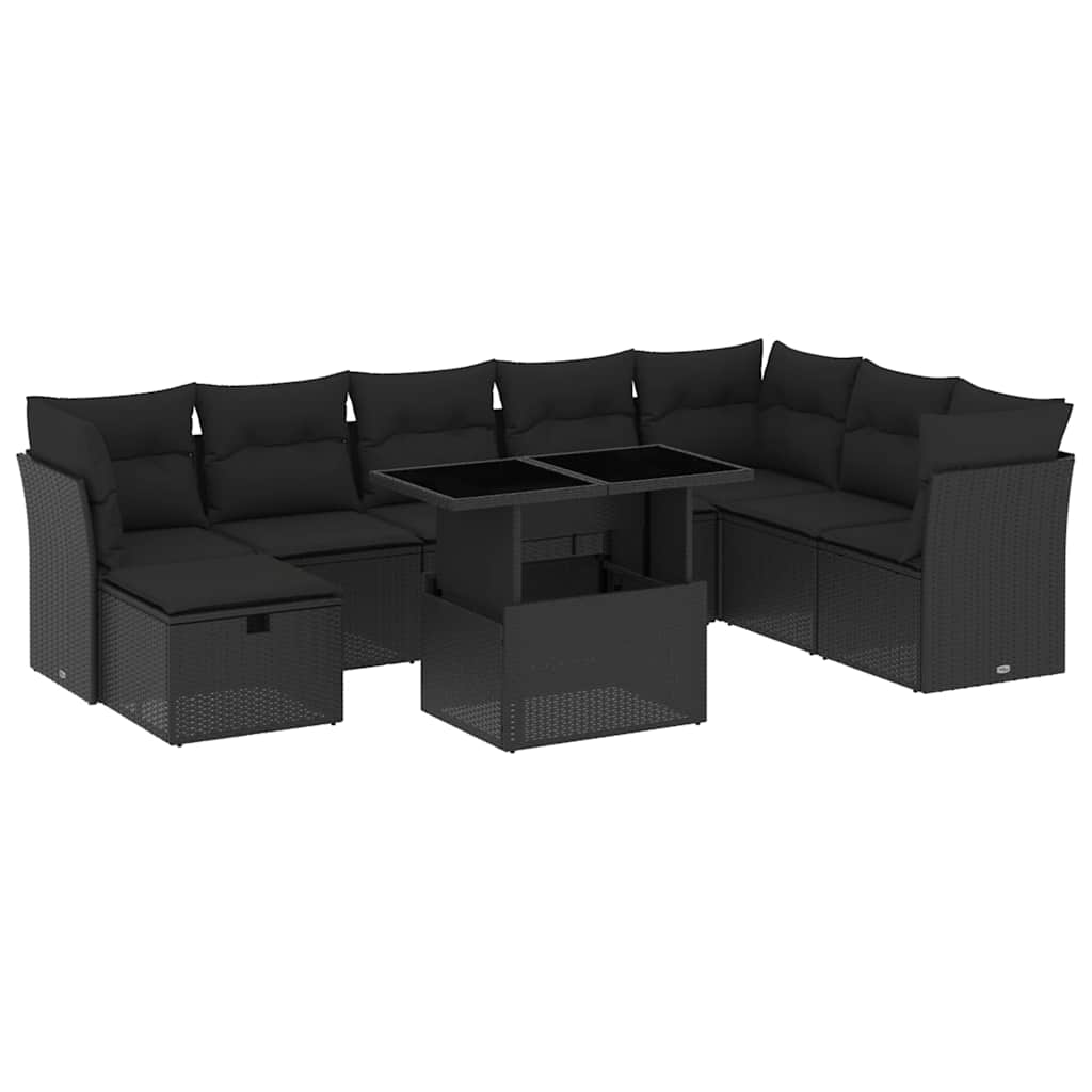 Set Divani da Giardino 9 pz con Cuscini Nero in Polyrattan | homemem39