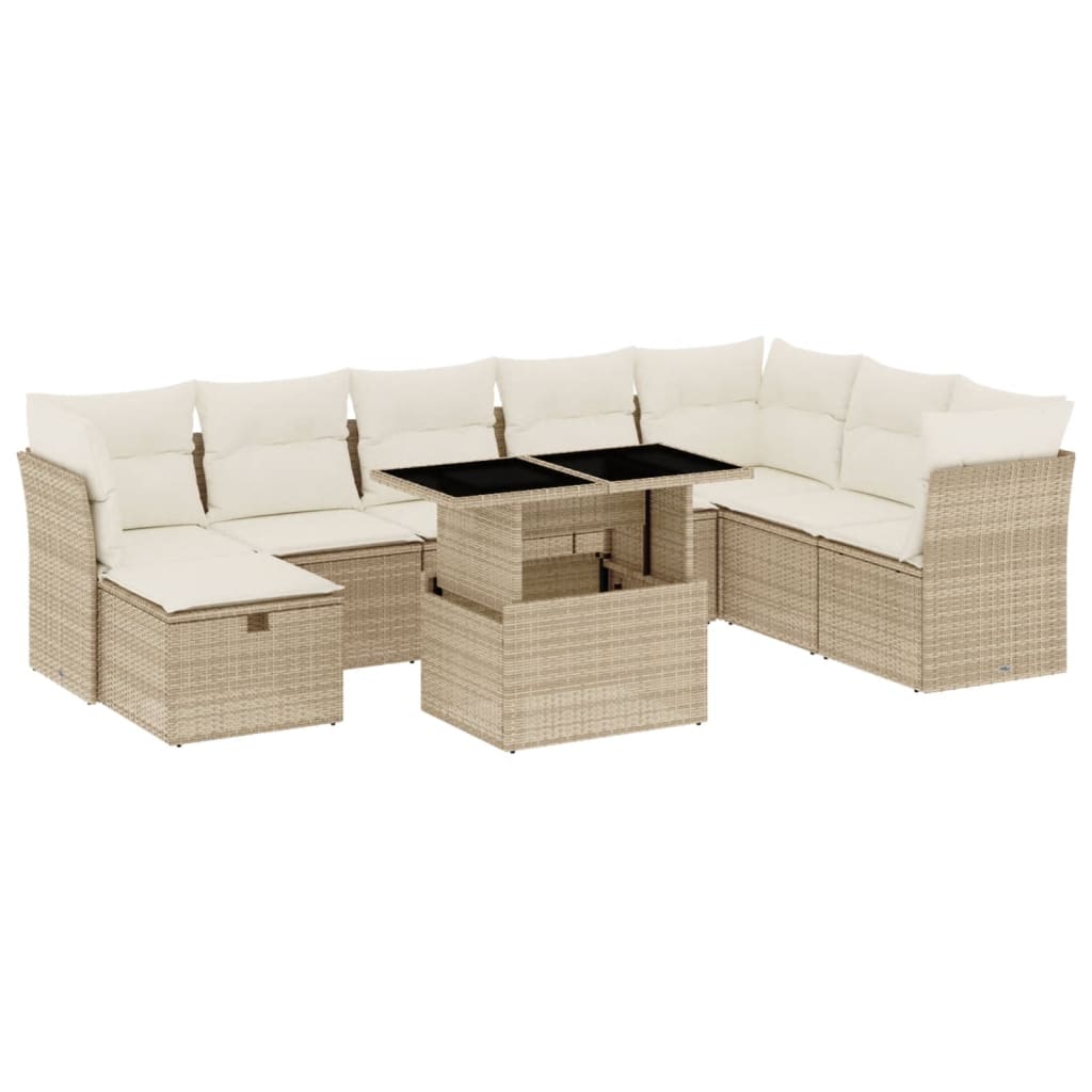 Set Divano da Giardino 9 pz con Cuscini Beige in Polyrattan