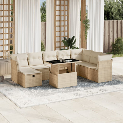 Set Divano da Giardino 9 pz con Cuscini Beige in Polyrattan