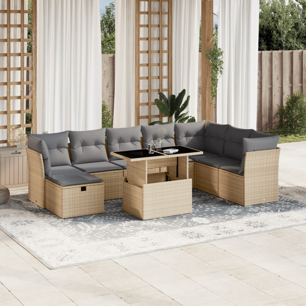 Set Divano da Giardino 9 pz con Cuscini Beige in Polyrattan - homemem39