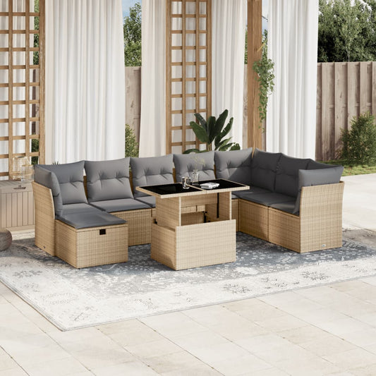 Set Divano da Giardino 9 pz con Cuscini Beige in Polyrattan - homemem39