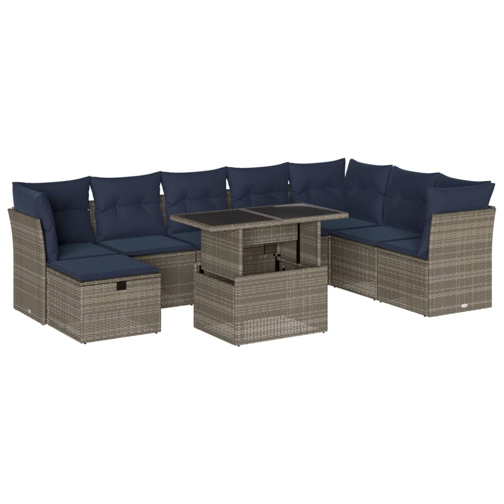 Set Divani da Giardino 9 pz con Cuscini Grigio in Polyrattan | homemem39