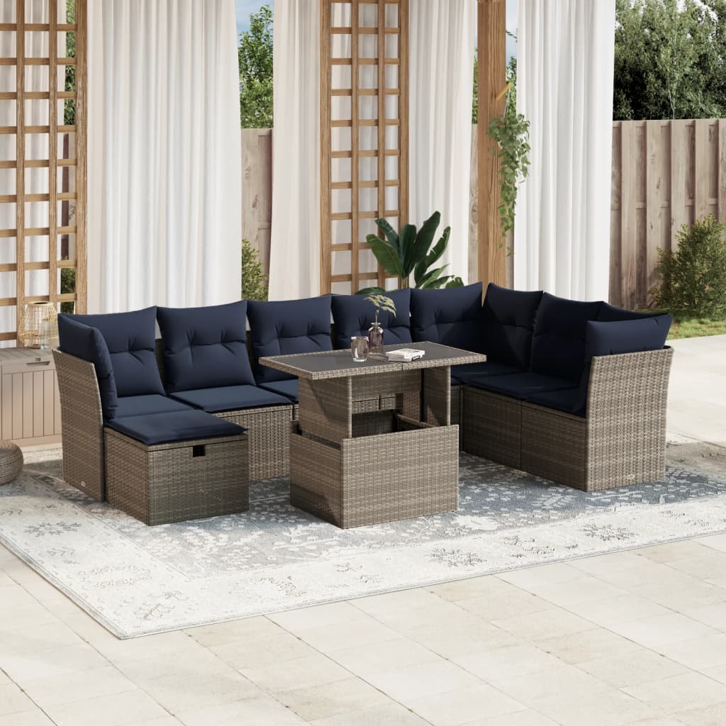 Set Divani da Giardino 9 pz con Cuscini Grigio in Polyrattan | homemem39