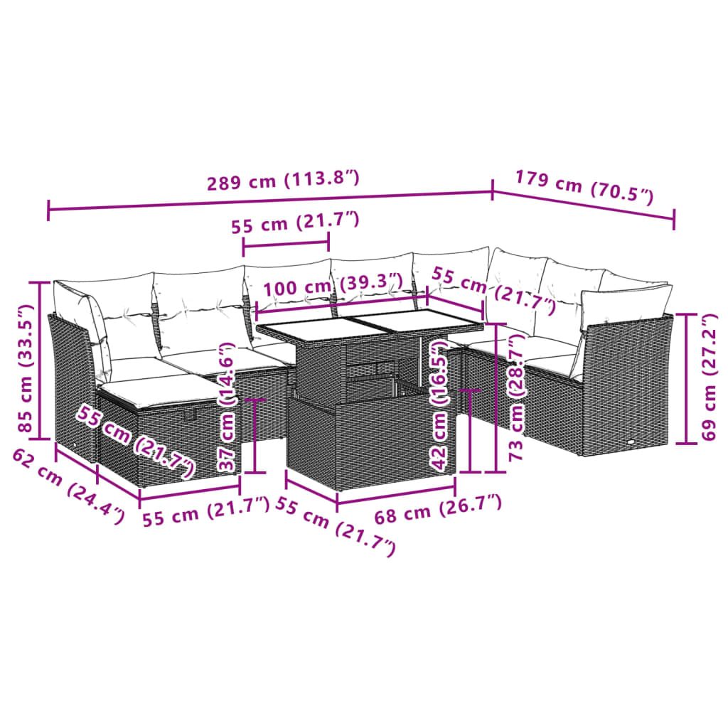 Set Divani da Giardino 9pz con Cuscini Marrone in Polyrattan