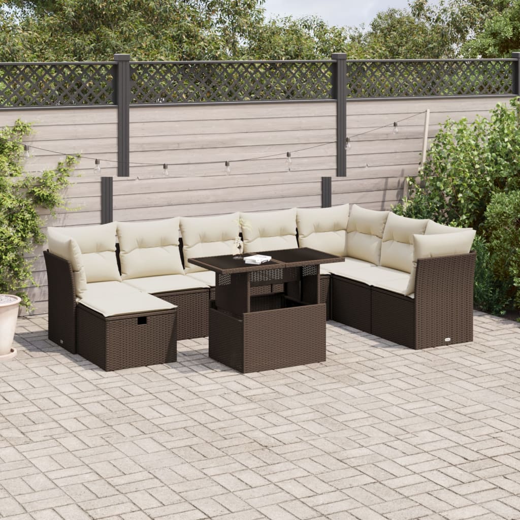 Set Divani da Giardino 9pz con Cuscini Marrone in Polyrattan - homemem39