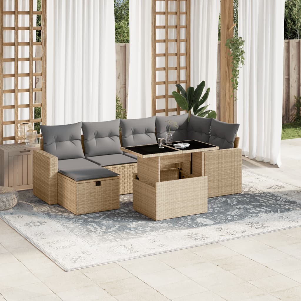 Set Divani da Giardino 7 pz con Cuscini Beige in Polyrattan - homemem39