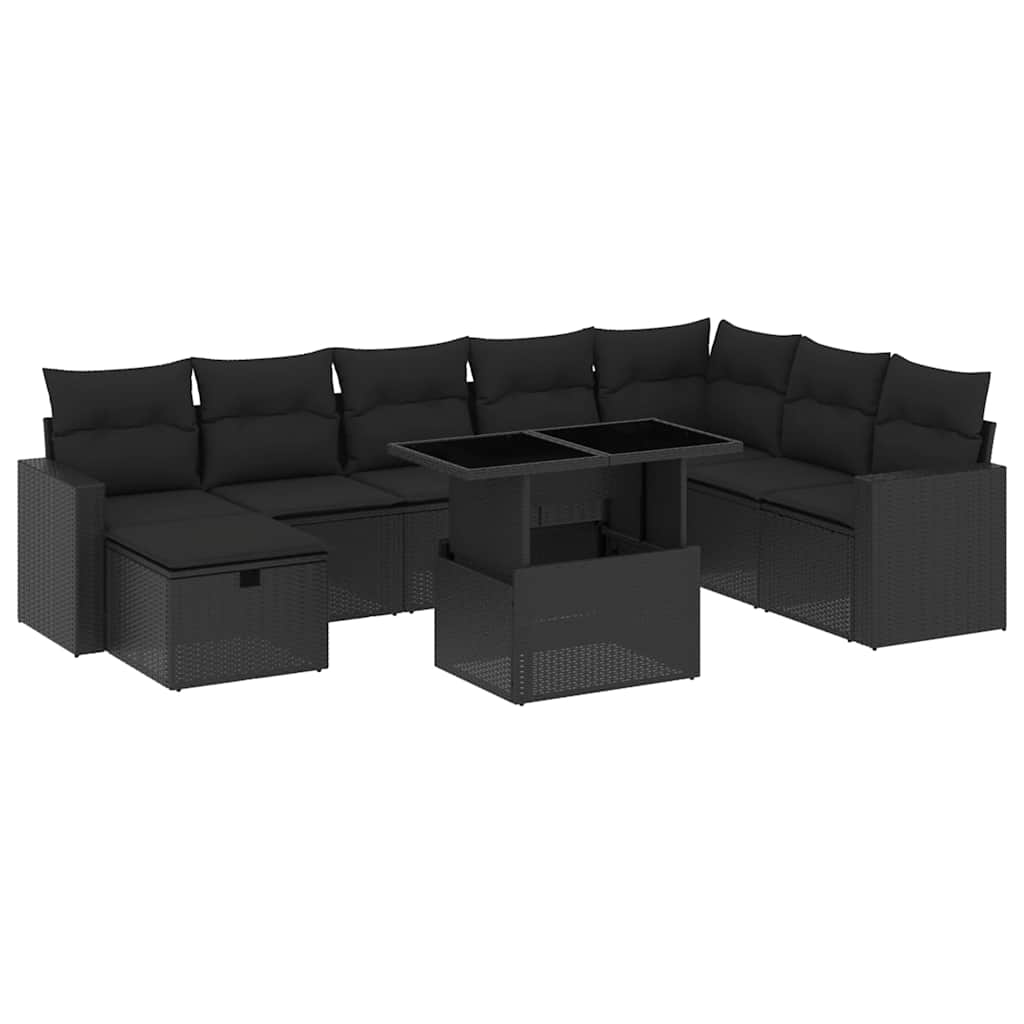 Set Divani da Giardino 9 pz con Cuscini Nero in Polyrattan | homemem39