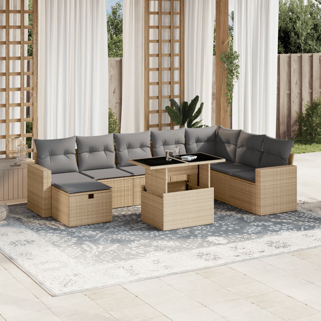 Set Divano da Giardino 9 pz con Cuscini Beige in Polyrattan - homemem39