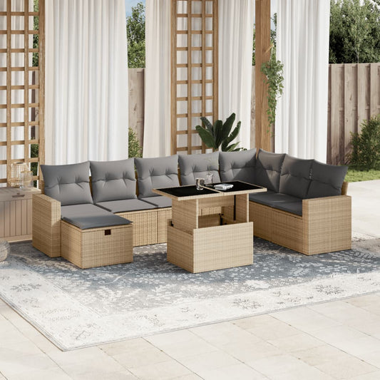 Set Divano da Giardino 9 pz con Cuscini Beige in Polyrattan - homemem39