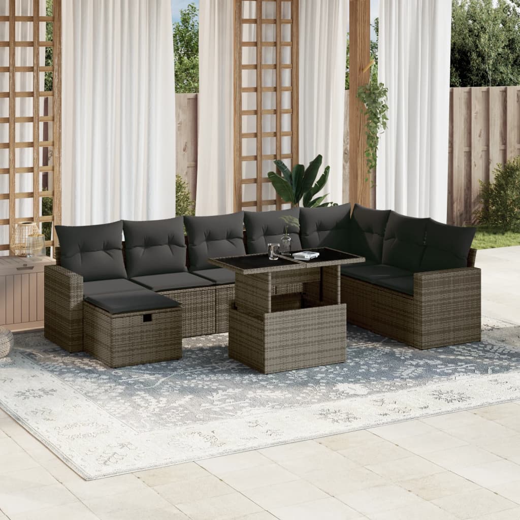 Set Divano da Giardino 9 pz con Cuscini Grigio in Polyrattan