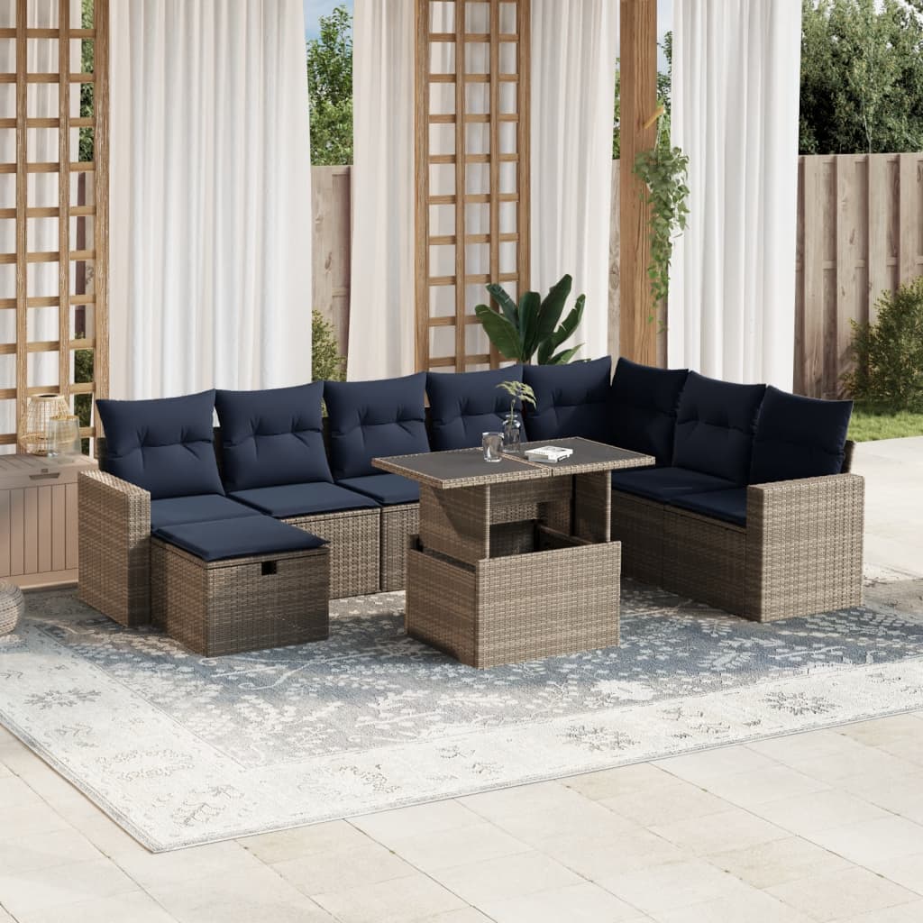 Set Divani da Giardino 9 pz con Cuscini Grigio in Polyrattan | homemem39
