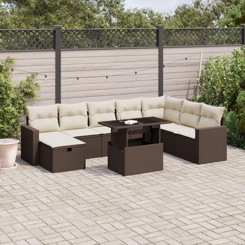 Set Divani da Giardino 9pz con Cuscini Marrone in Polyrattan