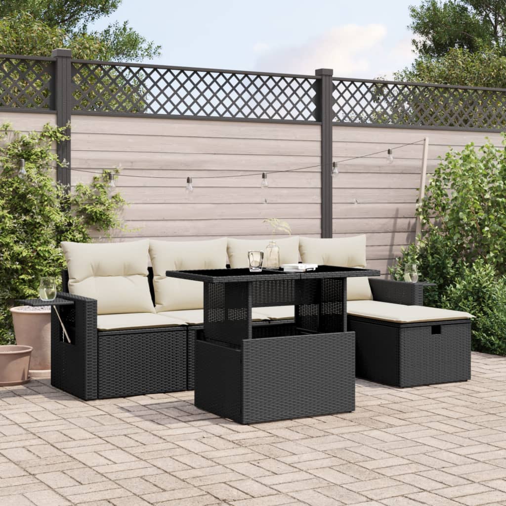 Set Divano da Giardino 6 pz con Cuscini Nero in Polyrattan | homemem39