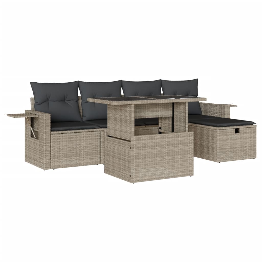 6-teiliges Gartensofa-Set mit hellgrauen Polyrattan-Kissen