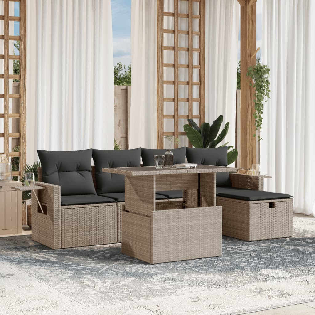 6-teiliges Gartensofa-Set mit hellgrauen Polyrattan-Kissen