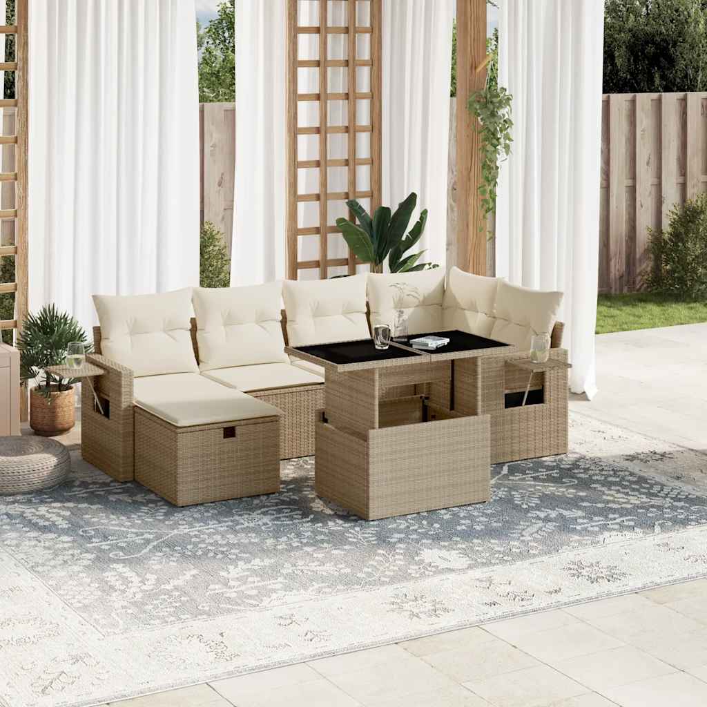 Set Divani da Giardino 7 pz con Cuscini Beige in Polyrattan - homemem39