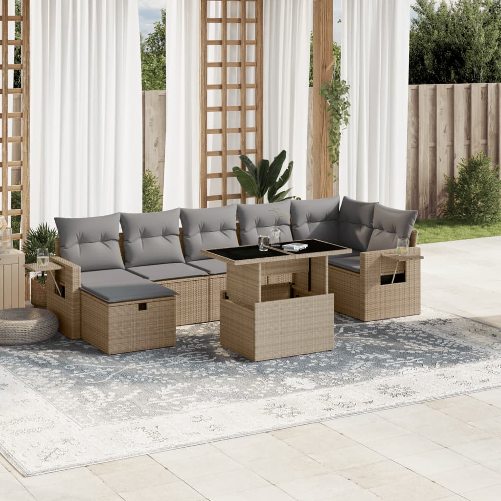 Set Divano da Giardino 8 pz con Cuscini Beige in Polyrattan - homemem39